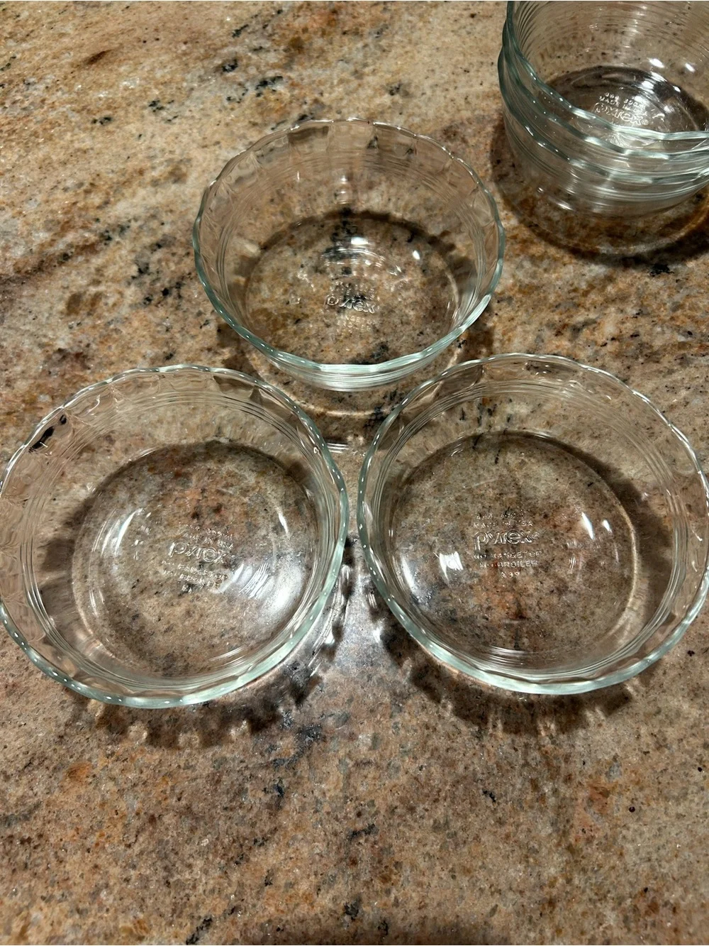 Pyrex #464 10oz Clear Glass Scalloped Edge 3 Ring Band Custard Dishes Set of (6)